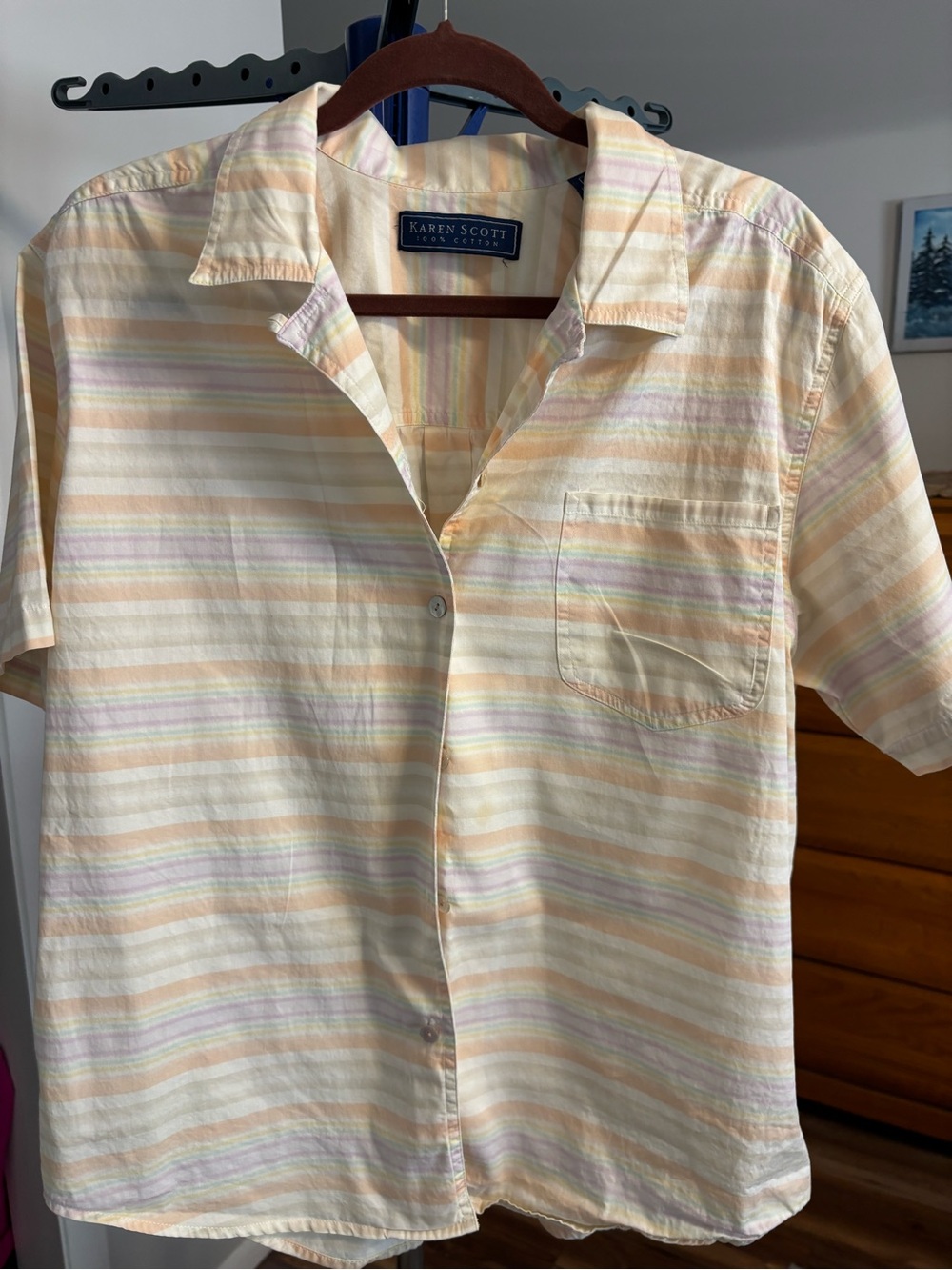 Karen Scott Short-Sleeve Button-Down Shirt in Cream with Pastel Stripes